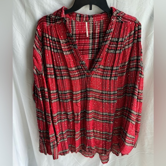 Free People Red & Black Plaid Top Long Sleeve V-Neck w/ Sequins Size M - Picture 1 of 3